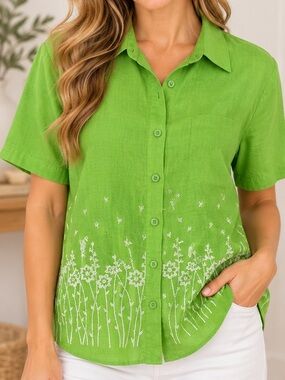 Linen Button-Front Embroidered Shirt - Green